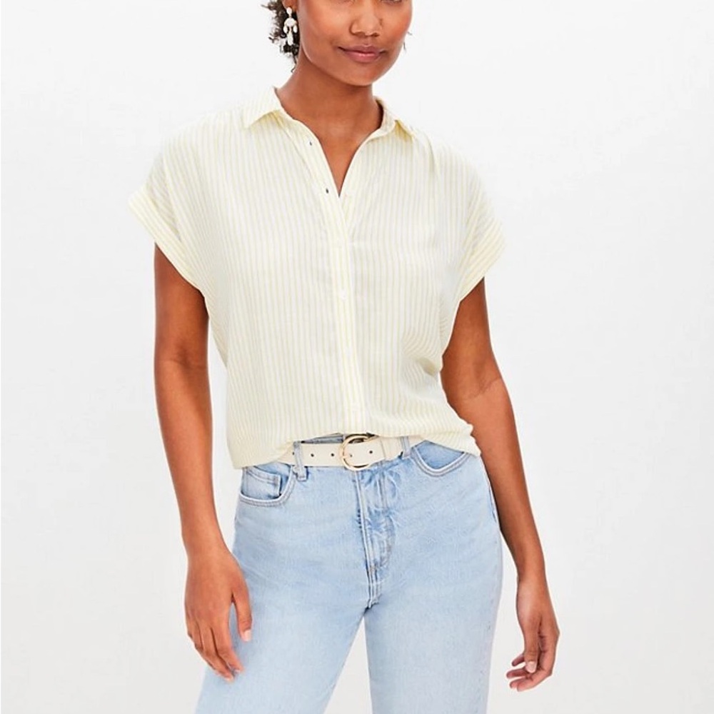 LOFT Yellow and White Striped Button Dolman Down Shirt